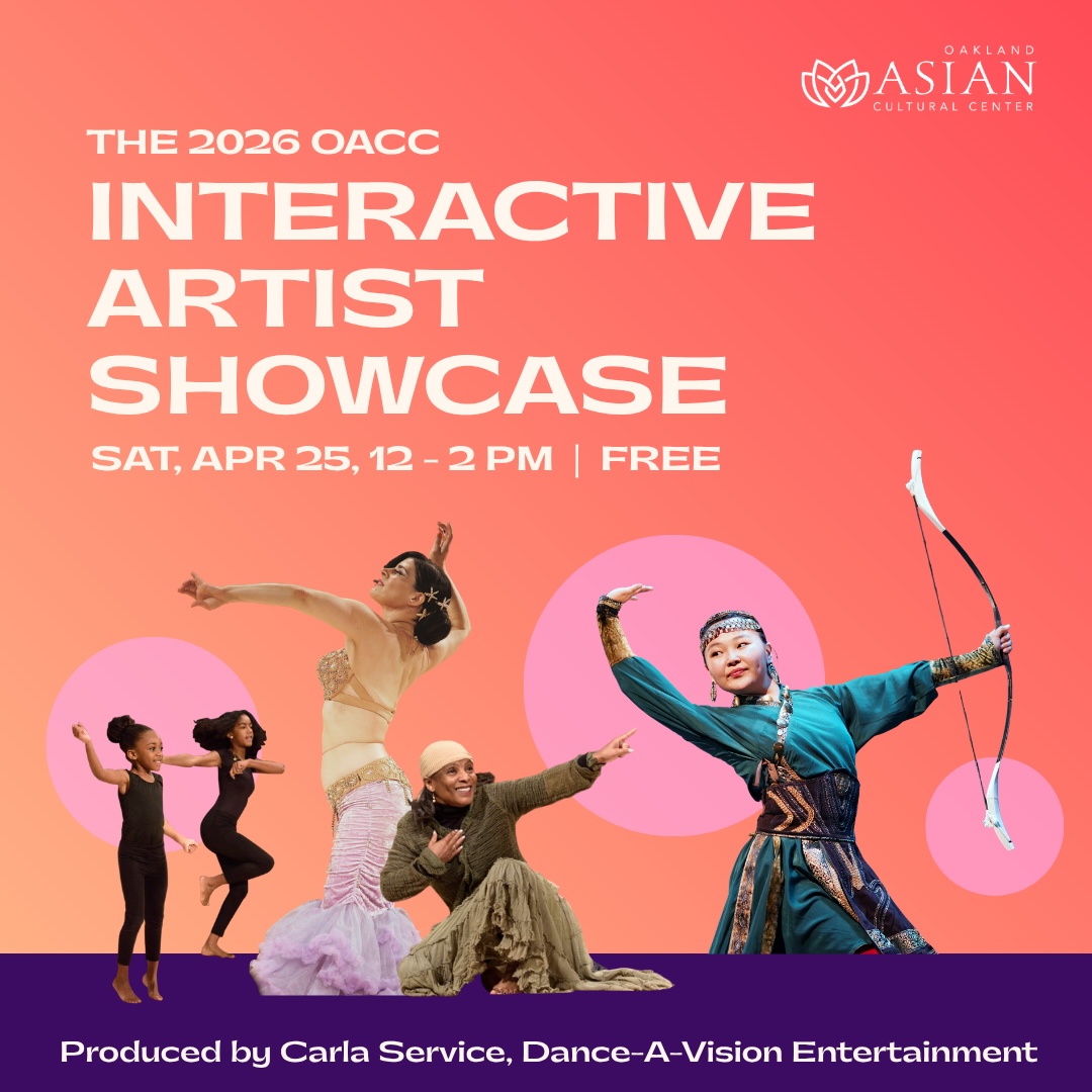 Poster for the 2026 OACC Interactive Artist Showcase featuring diverse dancers in vibrant costumes. Event details are at the top. Energetic and inviting tone.
