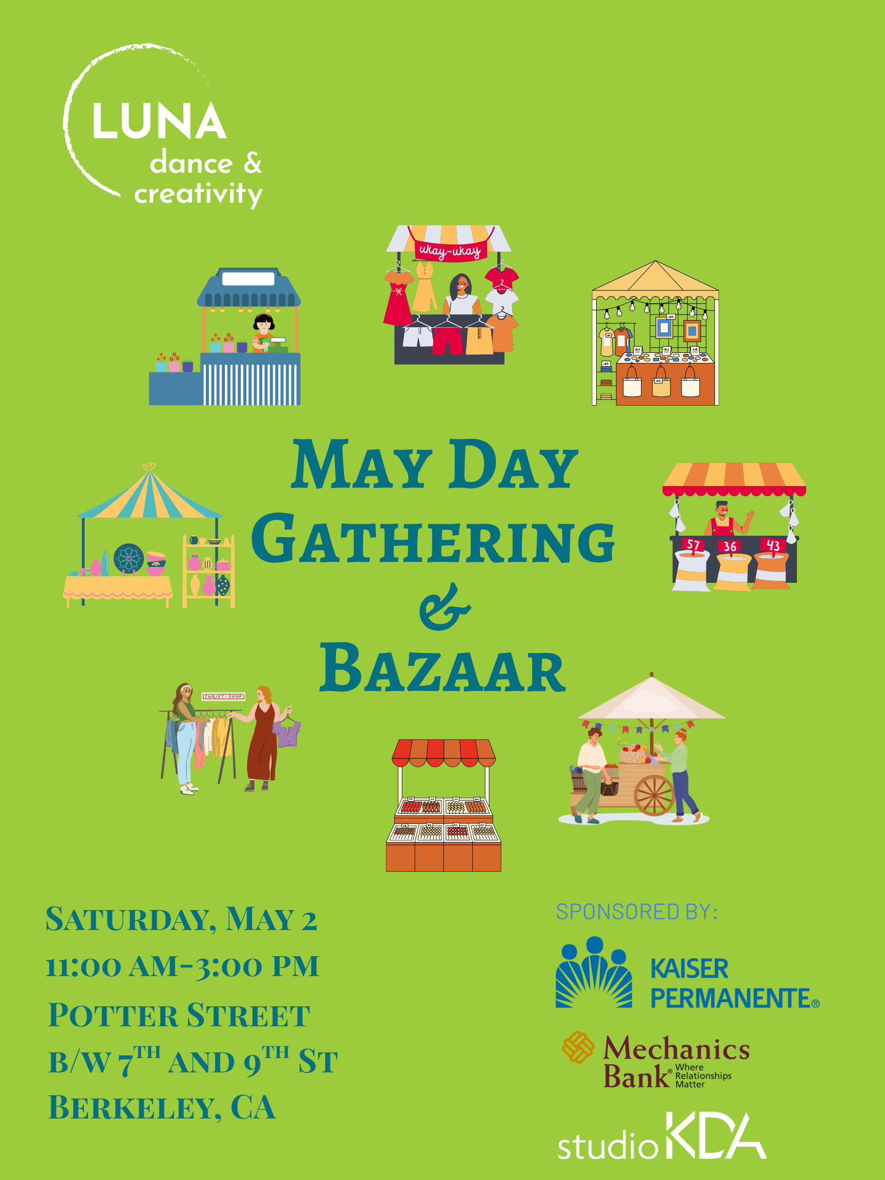 Image of 8 street vendors surrounding text: Luna May Day Gathering and Bazaar