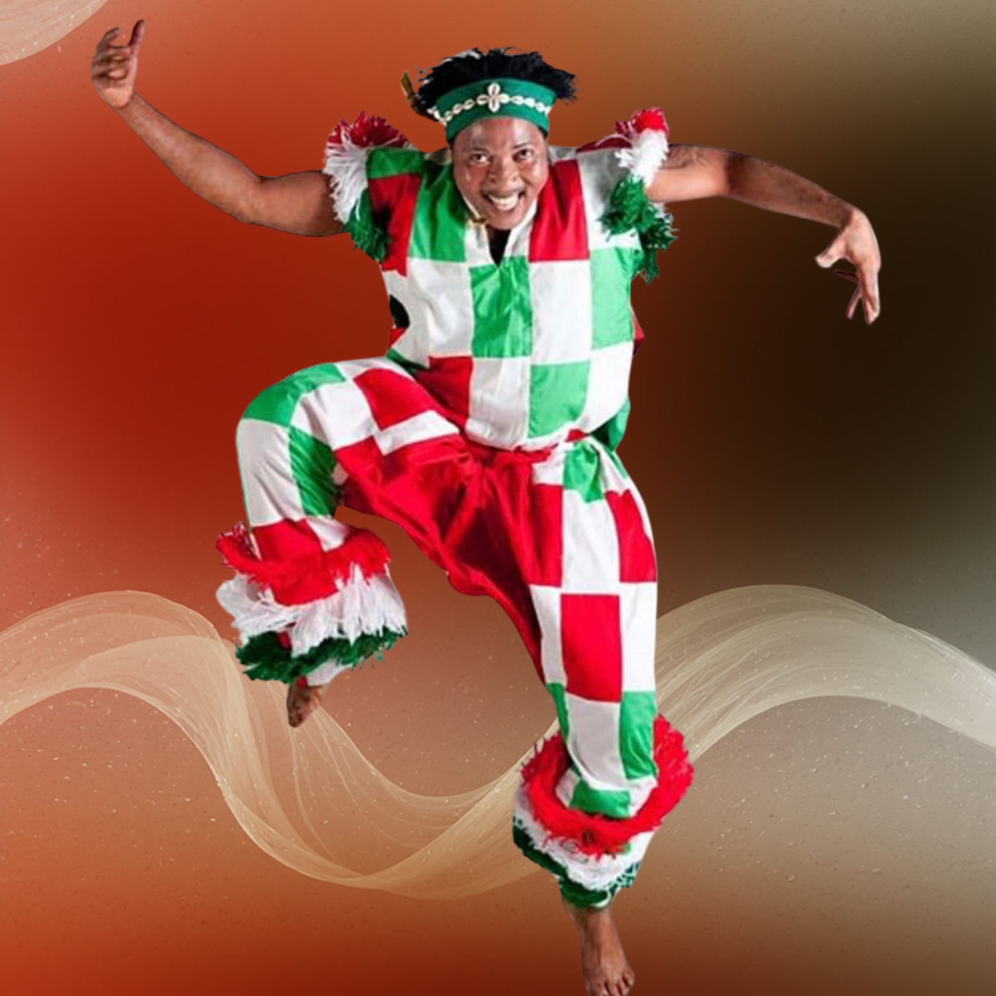 One person with white, red and green small, blocks in shirt and pants doing dance movement.