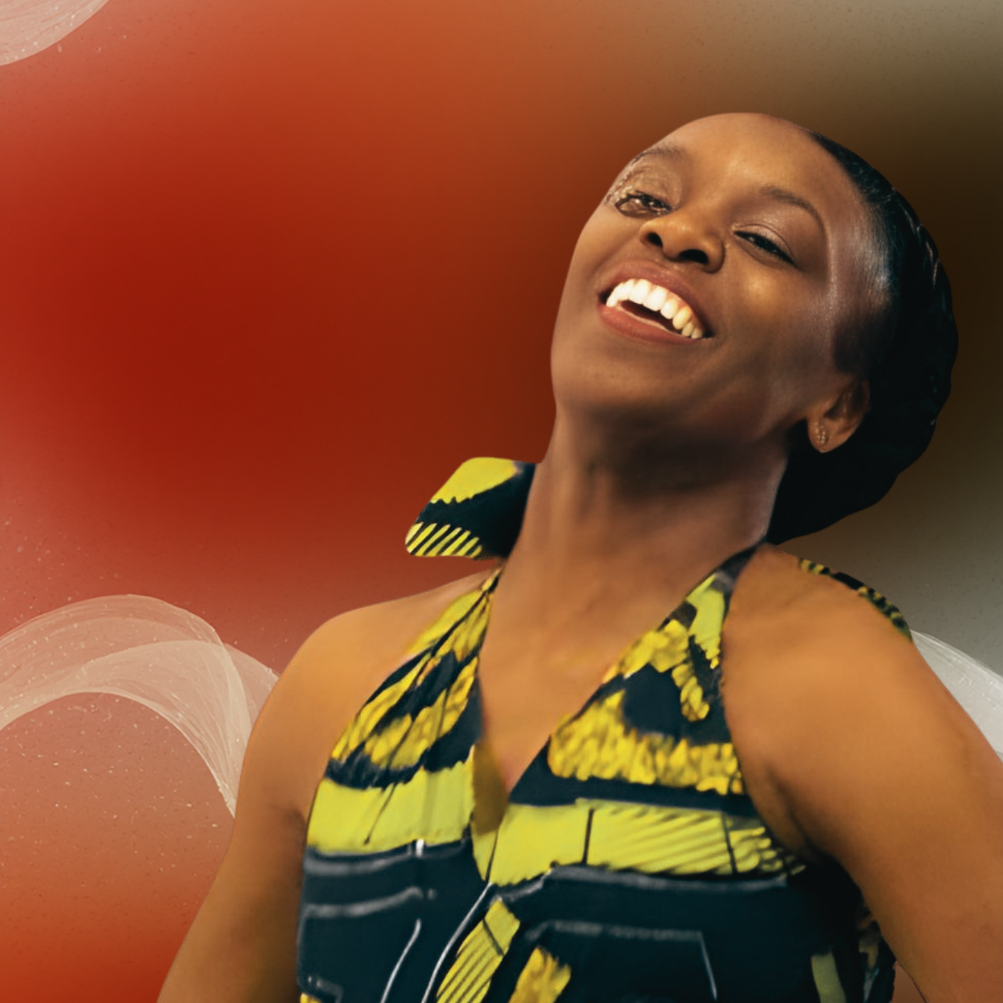 One person with blue and light green halter top with head tilted back, doing a dance movement.