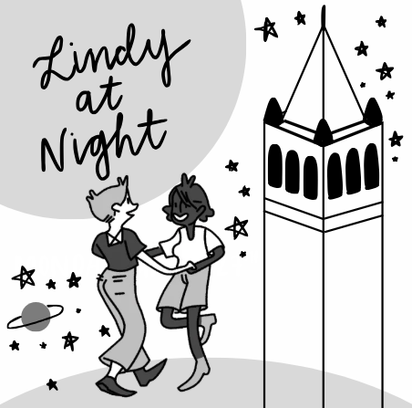 Cartoon people dance in front of a tower. They are surrounded by small stars and planets.