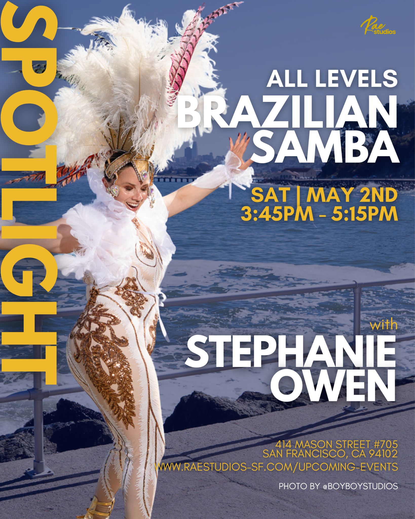 Dance teacher and choreographer is posing in a stylization Brazilian Samba pose with a full Carnaval costume. 