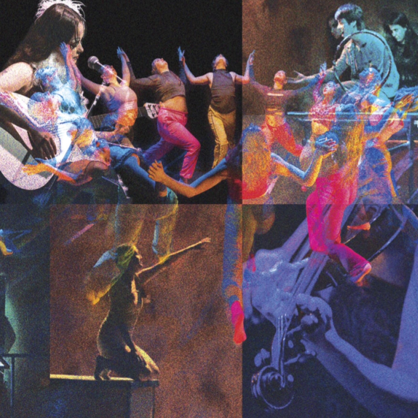 Colorful montage of images from dance, music, and theater overlayed on one another