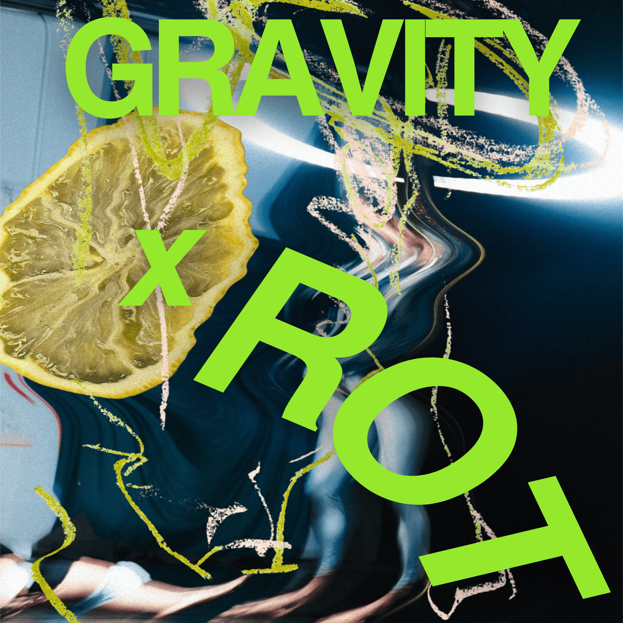 dark blue image with a warped dancer in grey above the dancers head there is a white halo ring of light. theres a warped lemon slice in the right hand corner. Lime green in overlayed it says GRAVITY x ROT
