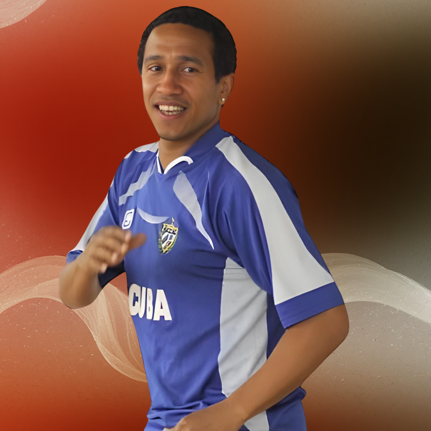 One person wearing a blue and white shirt, doing a dance move.