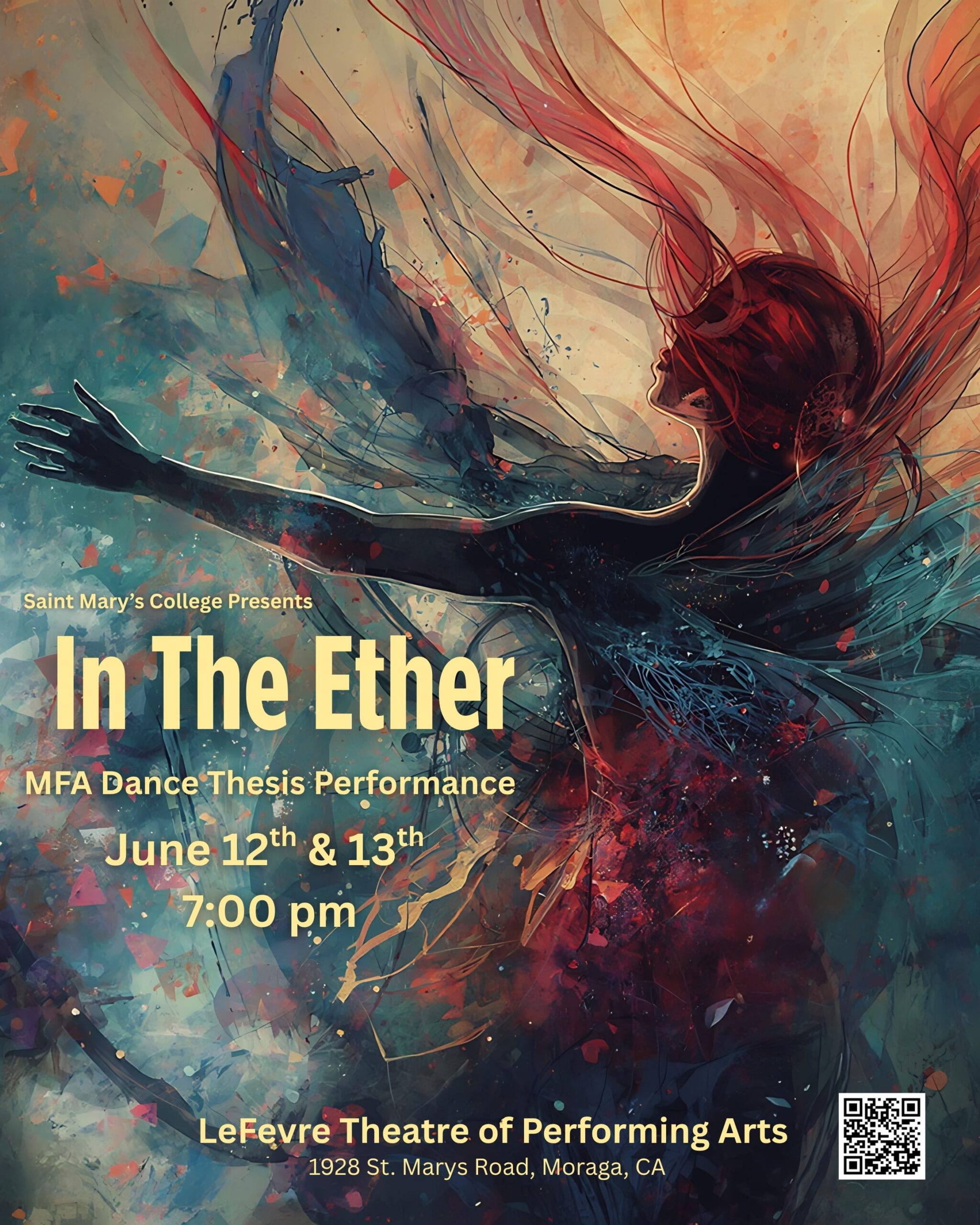 The image of a human form reaching across a blue, red and orange background. Details for In The Ether, including dates (June 12th and 13th) and times 7:00pm