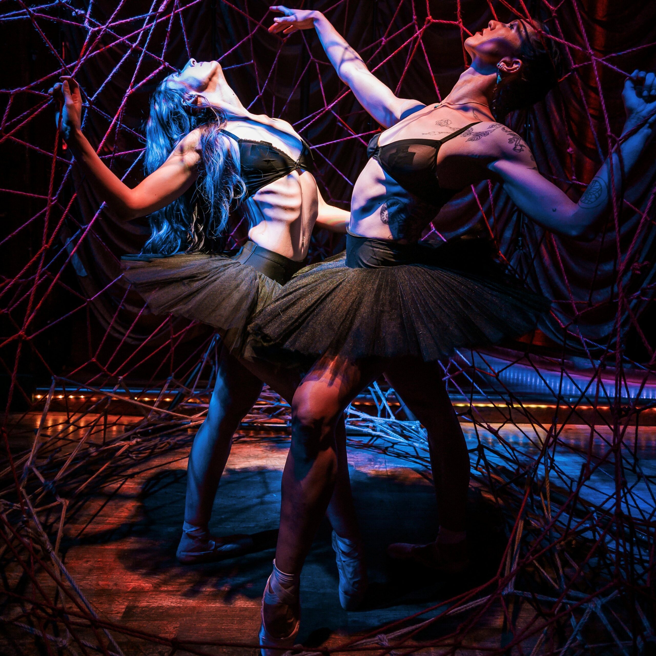 Two ballet dancers dressed in black tutus pose in a web of rope.