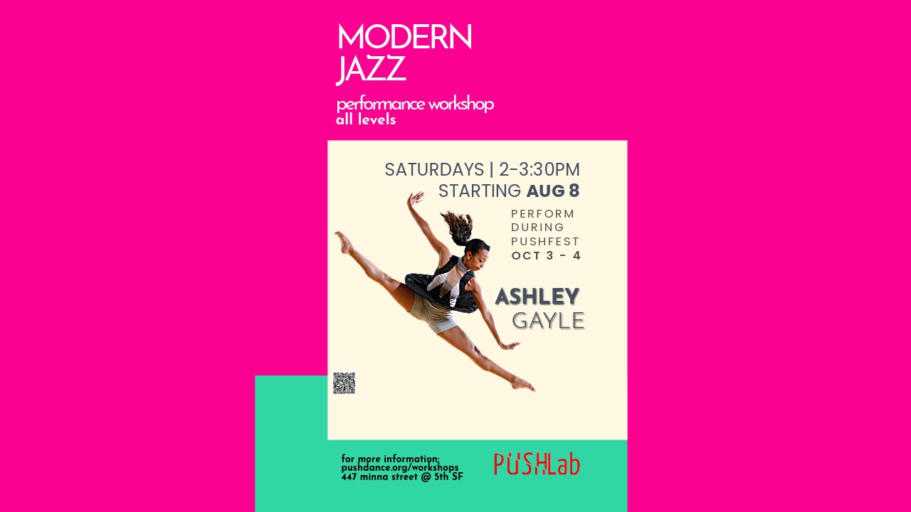 Bright image showing a woman leaping with her arms and legs extended on the diagonal while wearing a black and grey costume. Text surrounds the image that gives the workshop details listed