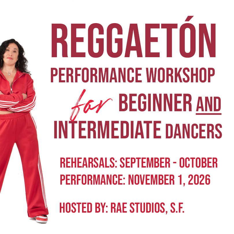 Choreographer standing to the side next to text describing the workshop