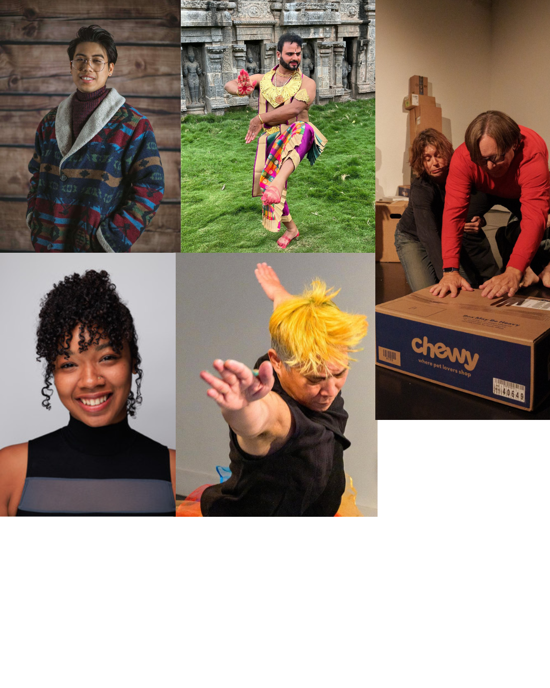 A photo collage containing the resdient artists performing in the RAW showcase. 