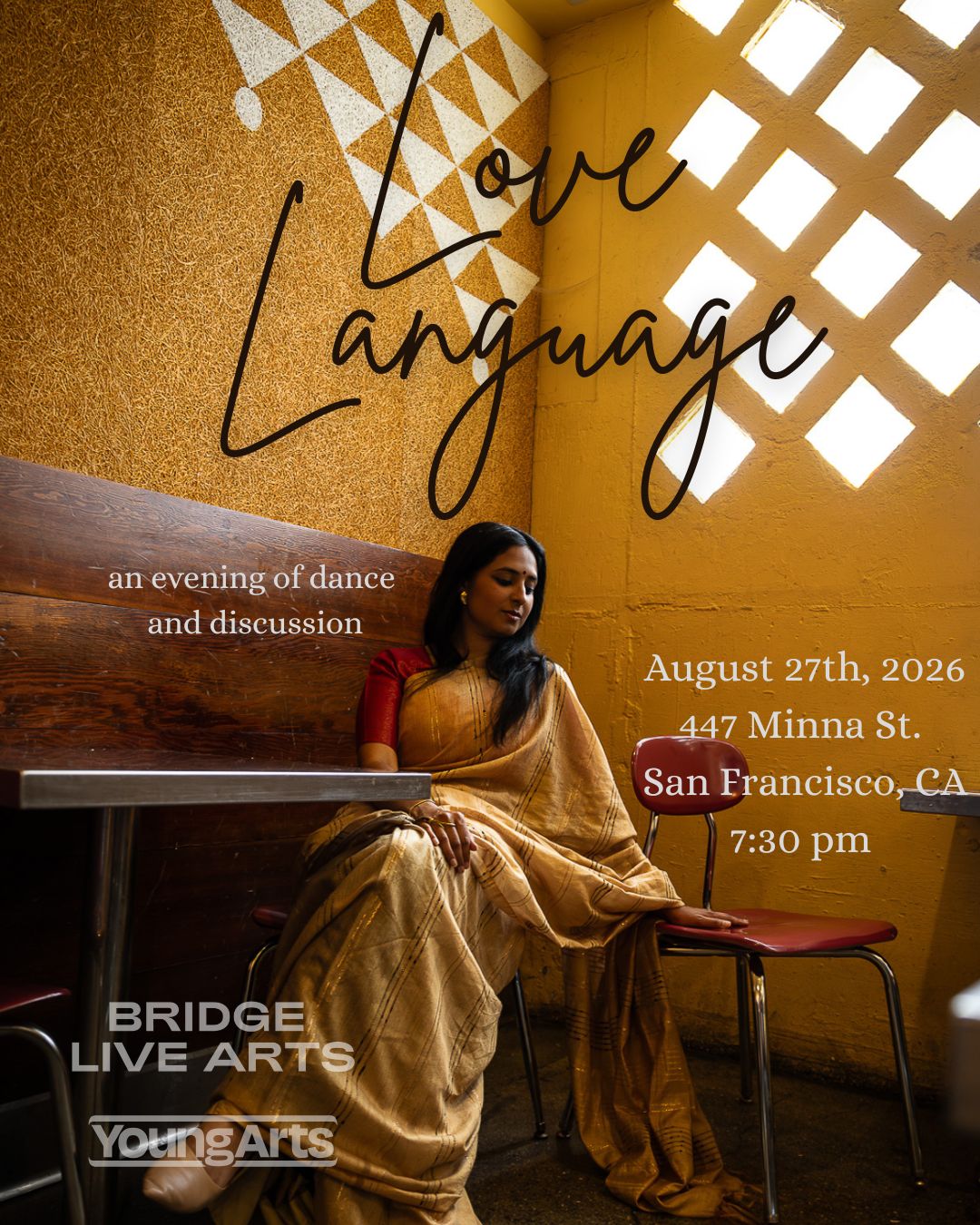 Preethi sits in a dimly lit space with diamond shaped windows behind her in a beige sari, her hand resting on an empty seat next to her. The text above says: