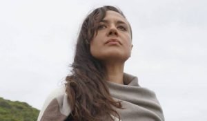 Close up of a person's face with long brunette hair stares slightly away from camera with an overcast background 