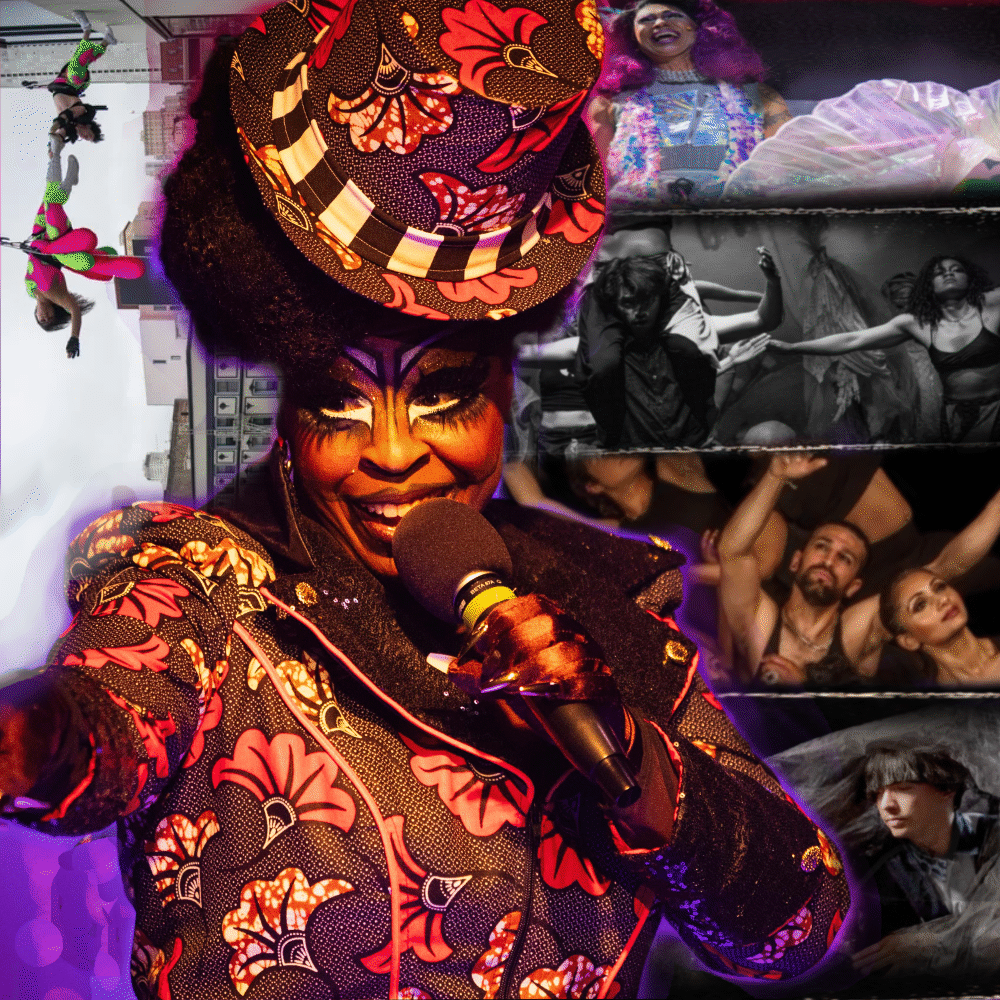 Higher Ground Queer Arts Cabaret poster featuring Black Benatar with a microphone and a collage of dance and aerial performers. September 9 at BANDALOOP Studios, with Street Arts Nexus at 7pm and the cabaret at 8pm.