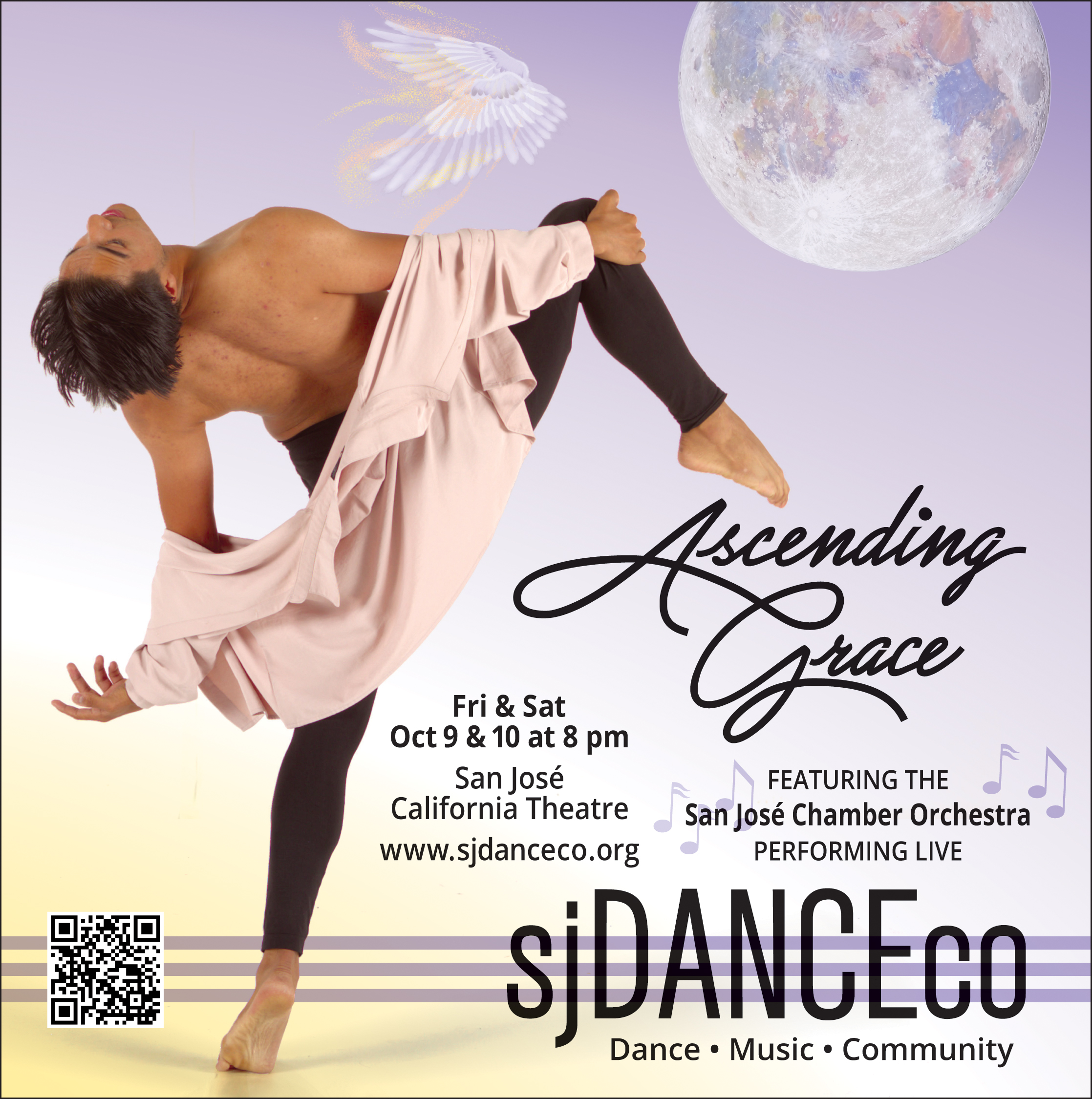 Promotional poster for sjDANCEco's Ascending Grace featuring a contemporary dancer, with performances October 9–10 at the California Theatre accompanied by the San José Chamber Orchestra.