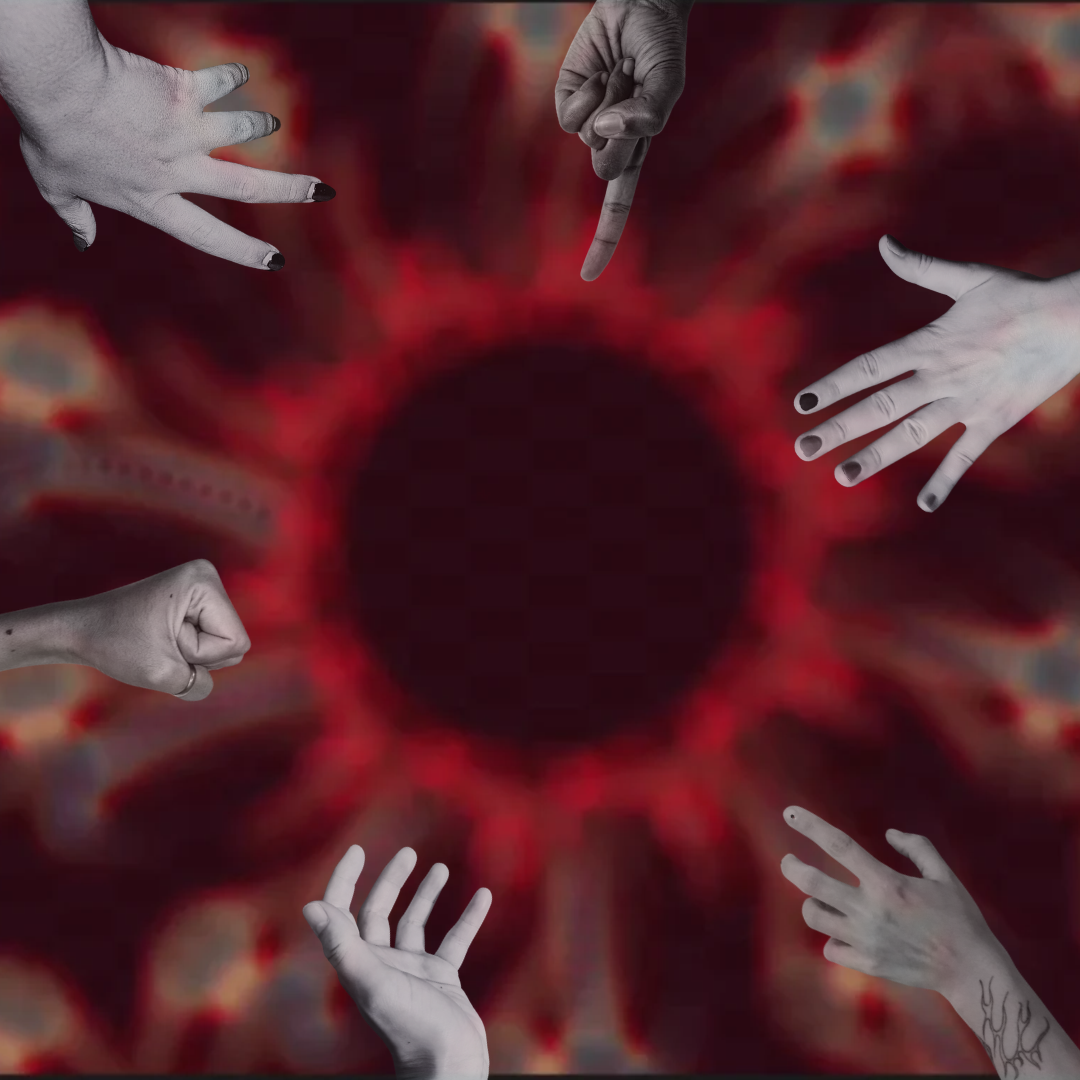 six different hands reach toward the center of the image where there is a portal of red and maroon 