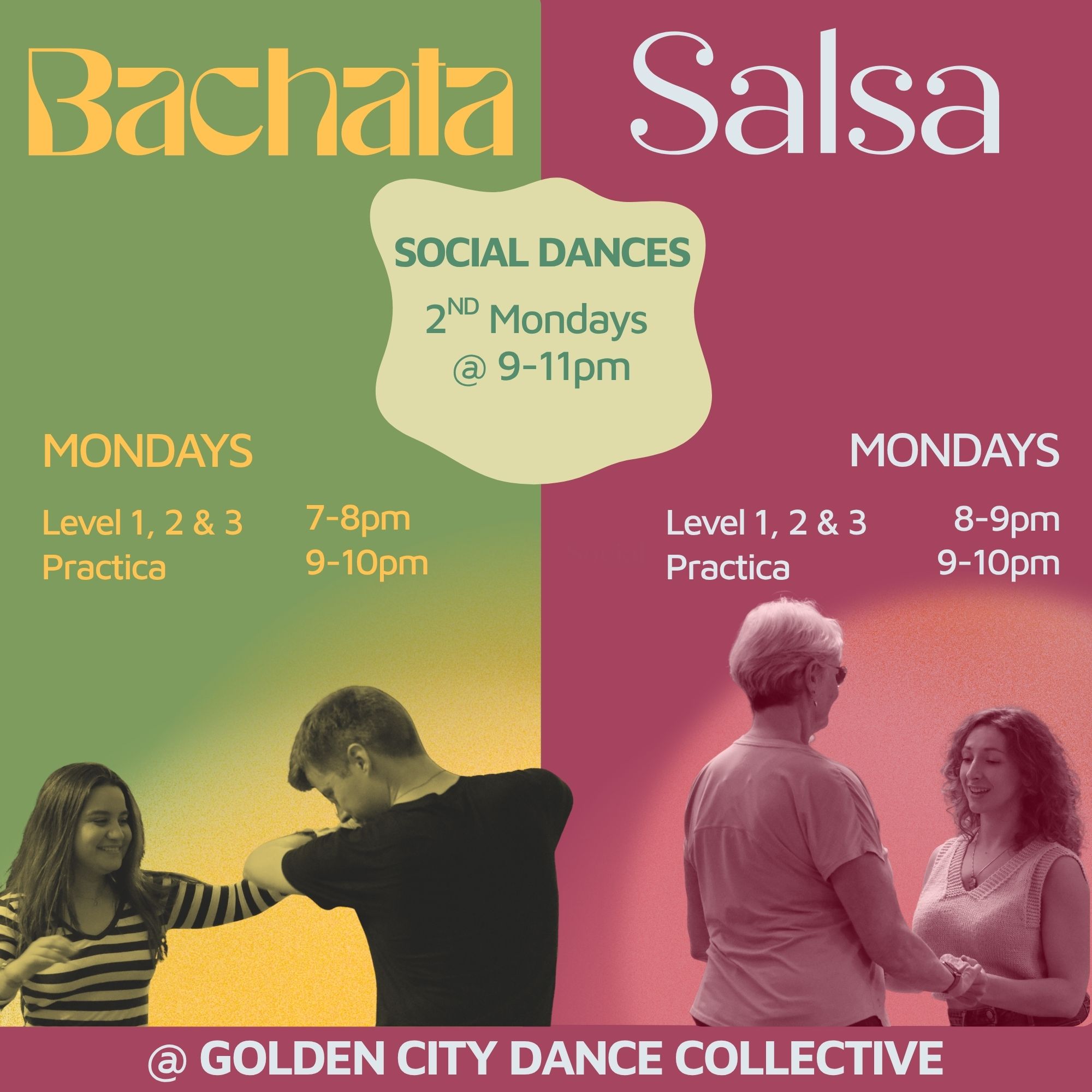 A graphic featuring two couples dancing in black and white on a colored background with event information on it.