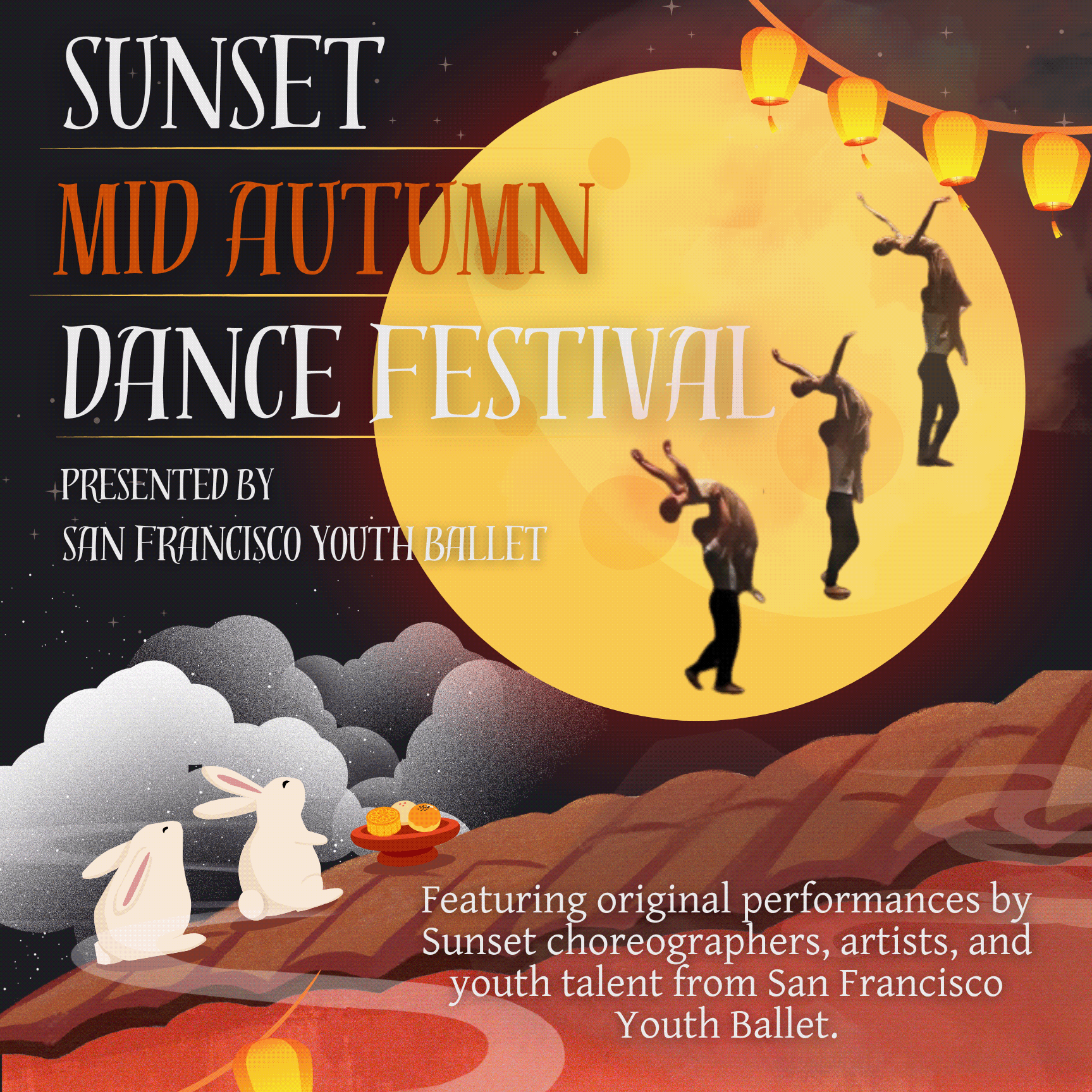 Poster for festival, featuring a giant moon the center with three ballet dancers being lifted by their partners. the words 
