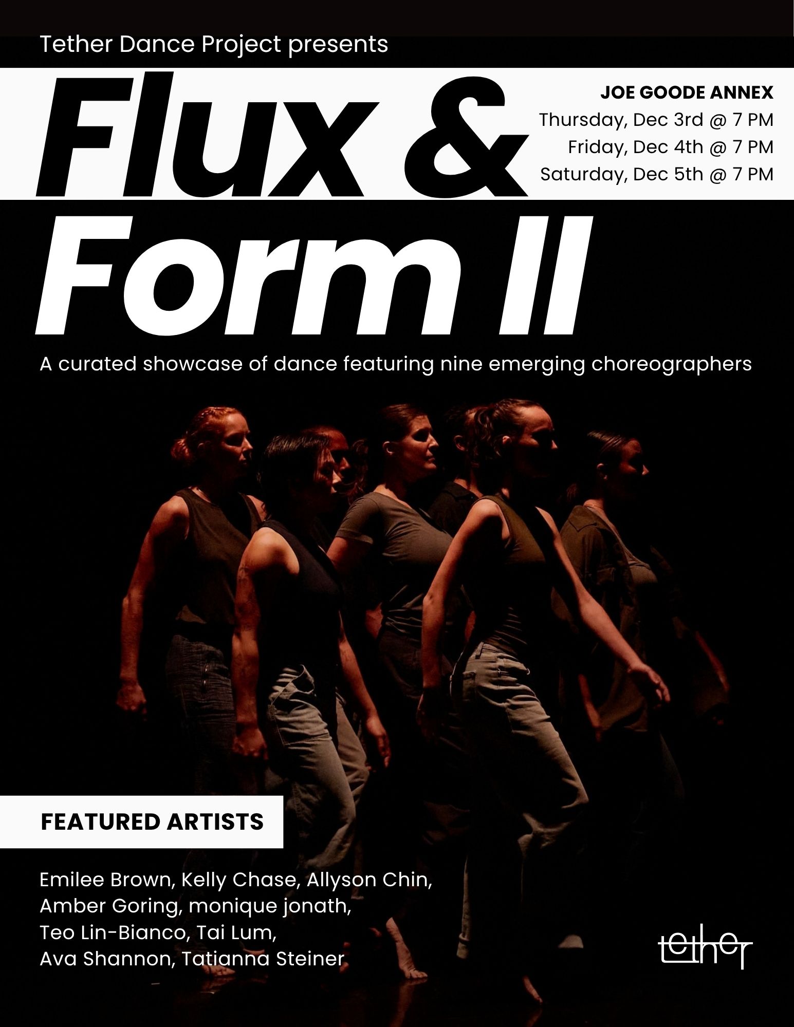 Poster for Flux & Form II, featuring seven dancers under low light.