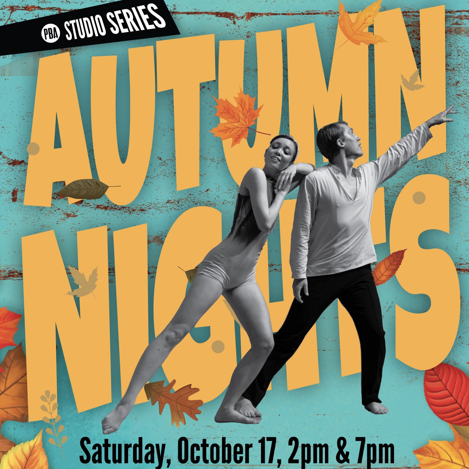 Two Peninsula Ballet Arts dancers posed in front of the text, Autumn Nights, with leaves framing the picture.
