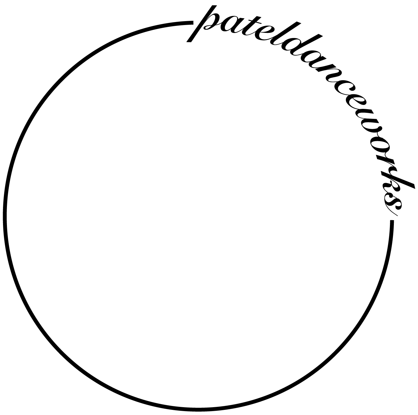 A slim black circle over a white background, with black, cursive text forming the upper right curve reading: 